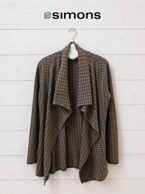 CONTEMPORAINE Brown & Grey Houndstooth Open Cardigan Large